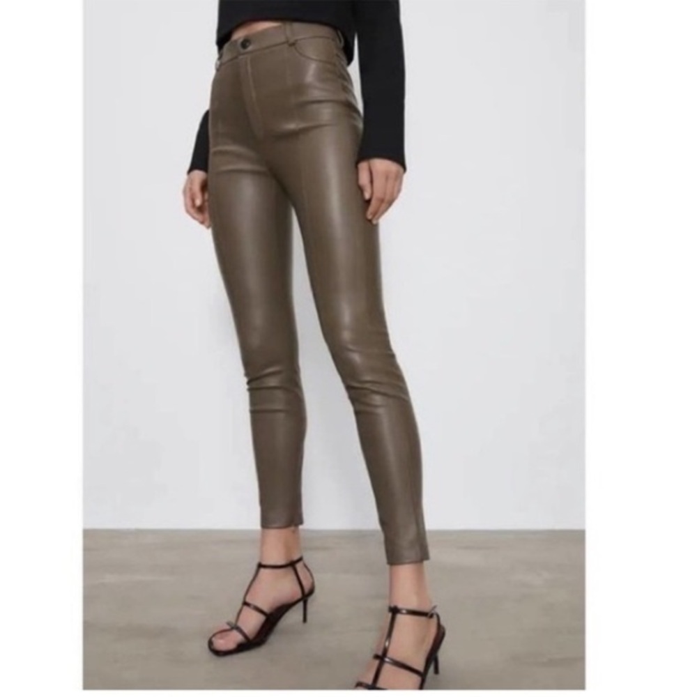 ZARA Taupe Gray Brown Faux Leather Bottom Zip Detail Legging Pants